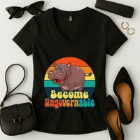Become Ungovernable Funny Baby Hippo Moo Deng Funny Saying Women's V-Neck T-Shirt