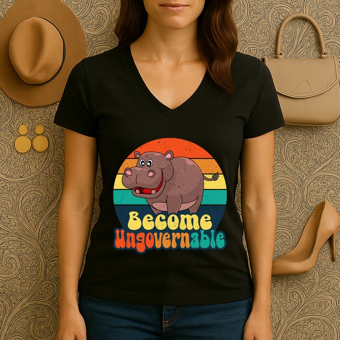 Become Ungovernable Funny Baby Hippo Moo Deng Funny Saying Women's V-Neck T-Shirt