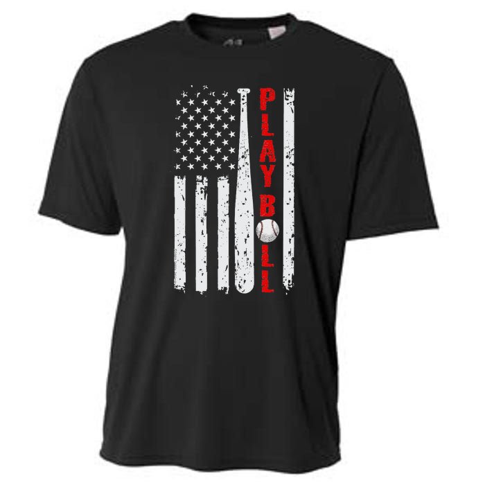 Baseball USA Flag Ball and Bat PLAY BALL Softball Baseball Cooling Performance Crew T-Shirt