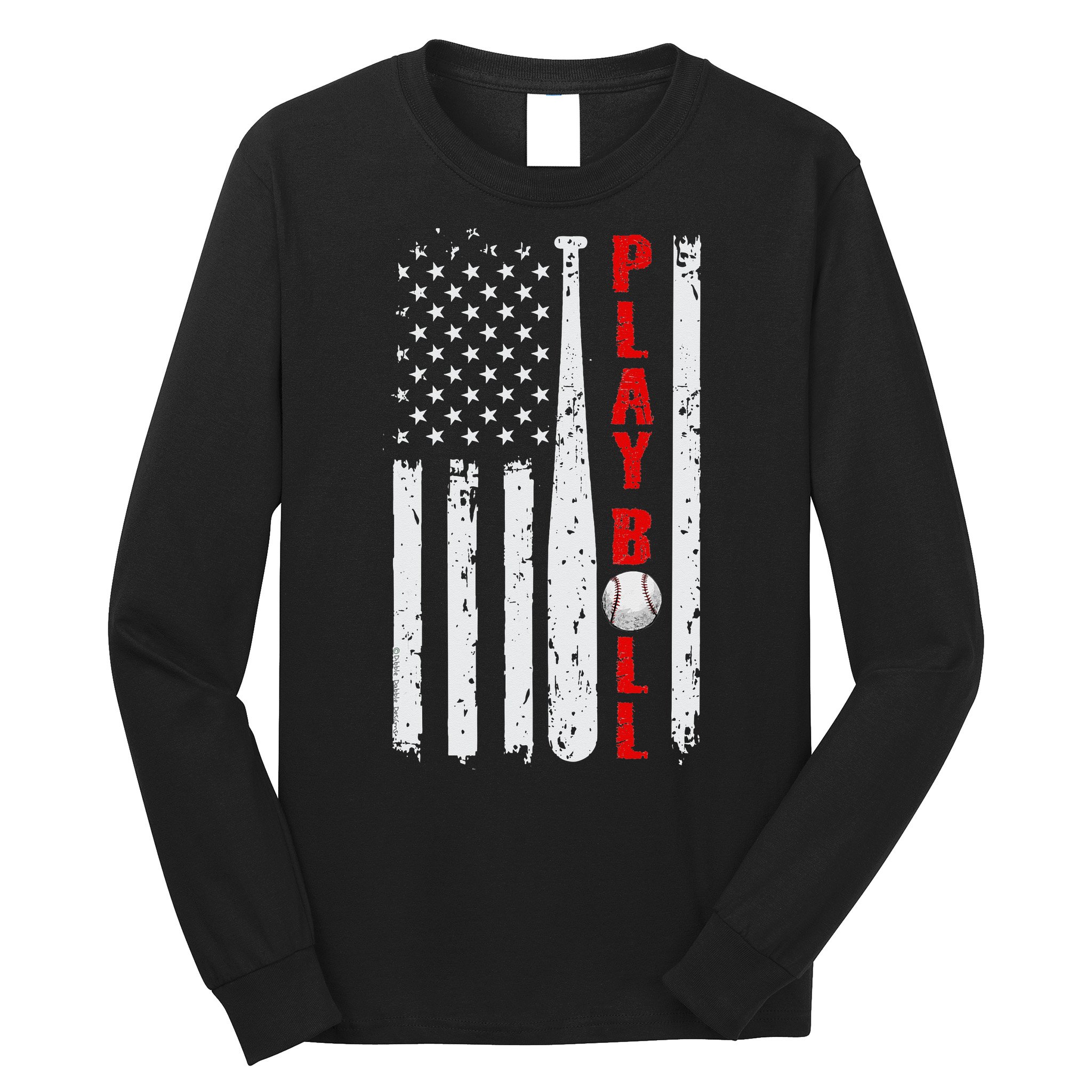 Baseball USA Flag Ball and Bat PLAY BALL Softball Baseball Long Sleeve Shirt