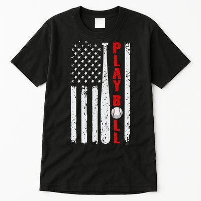 Baseball USA Flag Ball and Bat PLAY BALL Softball Baseball Tall T-Shirt