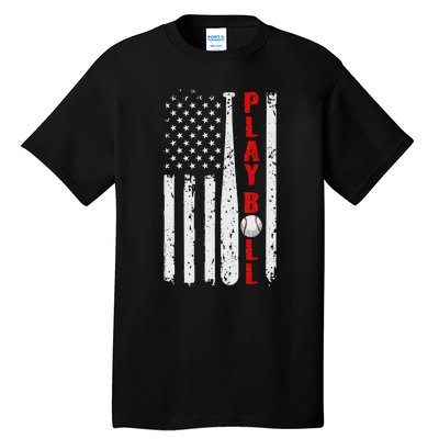 Baseball USA Flag Ball and Bat PLAY BALL Softball Baseball Tall T-Shirt