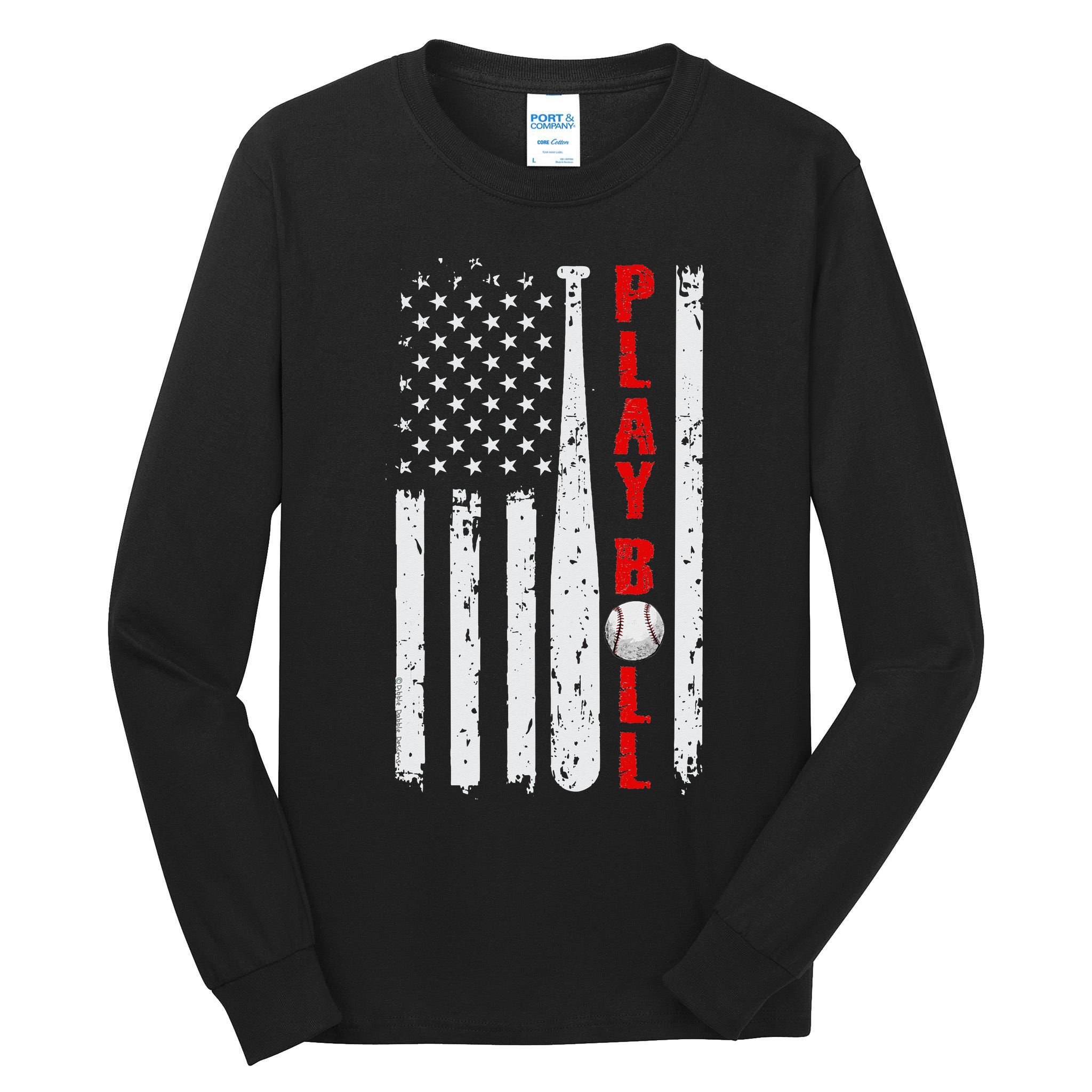 Baseball USA Flag Ball and Bat PLAY BALL Softball Baseball Tall Long Sleeve T-Shirt