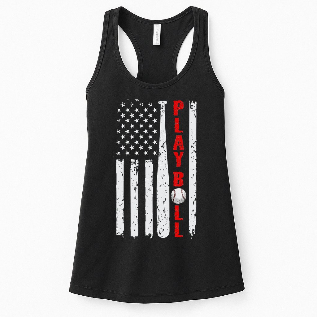 Baseball USA Flag Ball and Bat PLAY BALL Softball Baseball Womens Tank Top