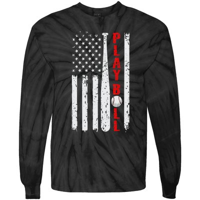 Baseball USA Flag Ball and Bat PLAY BALL Softball Baseball Tie-Dye Long Sleeve Shirt