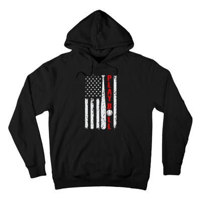 Baseball USA Flag Ball and Bat PLAY BALL Softball Baseball Tall Hoodie