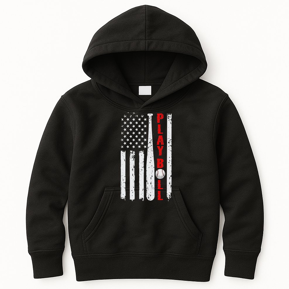Baseball USA Flag Ball and Bat PLAY BALL Softball Baseball Kids Hoodie