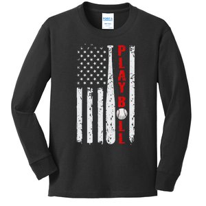 Baseball USA Flag Ball and Bat PLAY BALL Softball Baseball Kids Long Sleeve Shirt