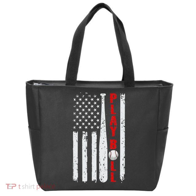 Baseball USA Flag Ball and Bat PLAY BALL Softball Baseball Zip Tote Bag