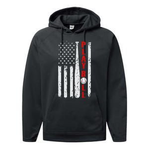 Baseball USA Flag Ball and Bat PLAY BALL Baseball Performance Fleece Hoodie