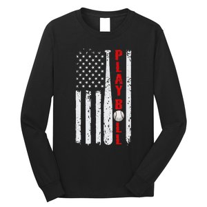 Baseball USA Flag Ball and Bat PLAY BALL Baseball Long Sleeve Shirt