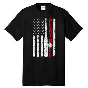 Baseball USA Flag Ball and Bat PLAY BALL Baseball Tall T-Shirt