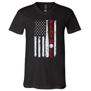 Baseball USA Flag Ball and Bat PLAY BALL Baseball V-Neck T-Shirt