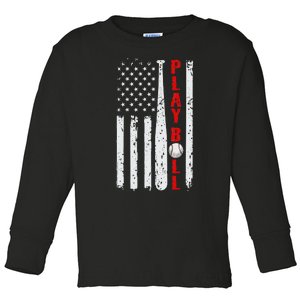 Baseball USA Flag Ball and Bat PLAY BALL Baseball Toddler Long Sleeve Shirt