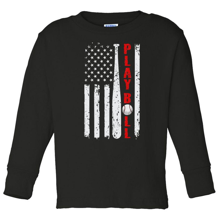 Baseball USA Flag Ball and Bat PLAY BALL Baseball Toddler Long Sleeve Shirt