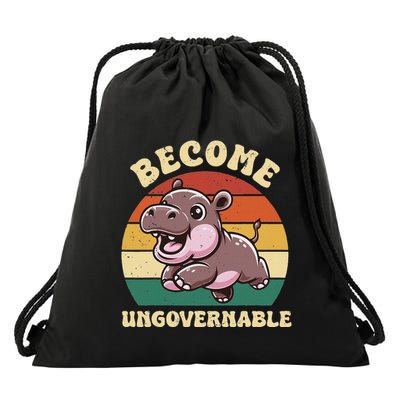 Become Ungovernable Funny Saying Baby Hippopotamus Moo Deng Drawstring Bag