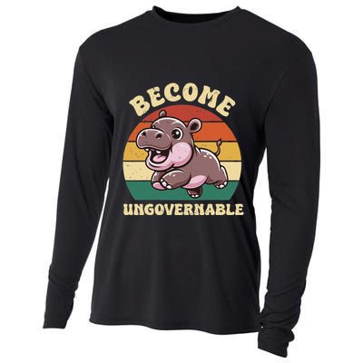 Become Ungovernable Funny Saying Baby Hippopotamus Moo Deng Cooling Performance Long Sleeve Crew