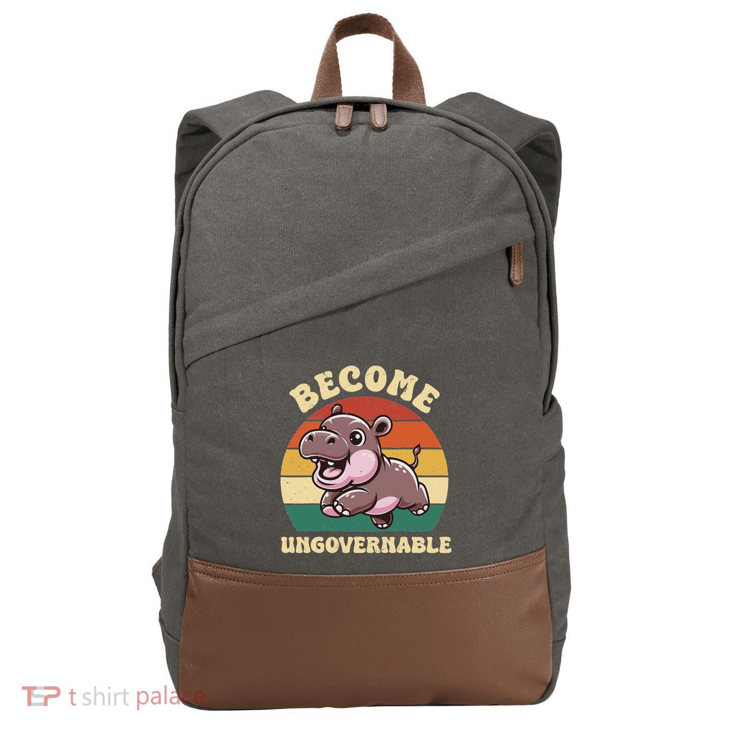 Become Ungovernable Funny Saying Baby Hippopotamus Moo Deng Cotton Canvas Backpack