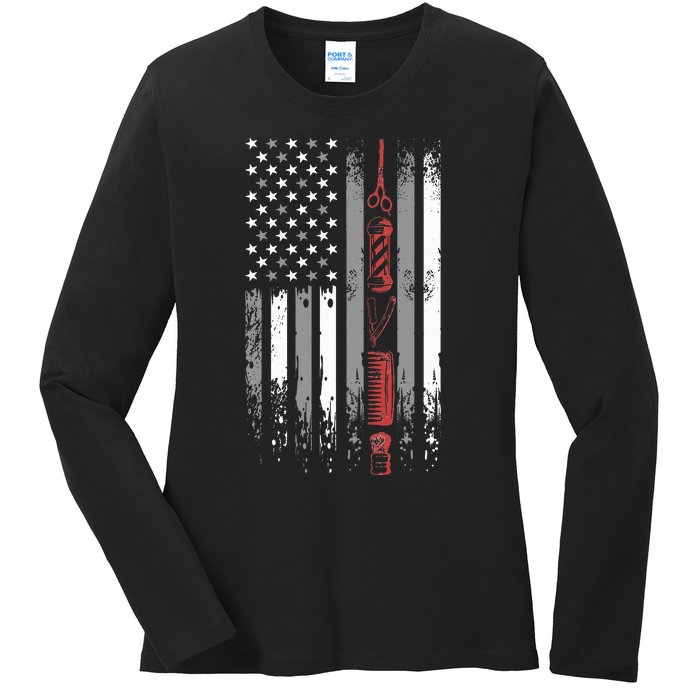 Barber Us Flag Hairdresser Hairstylist Barbershop Barber Ladies Long Sleeve Shirt