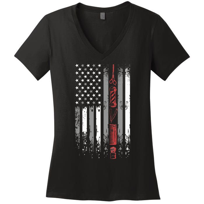 Barber Us Flag Hairdresser Hairstylist Barbershop Barber Women's V-Neck T-Shirt