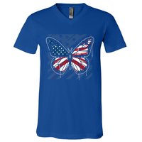 Butterfly Usa Flag Cute 4th Of July Funny American Flag Gift V-Neck T-Shirt