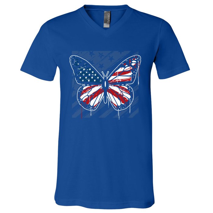 Butterfly Usa Flag Cute 4th Of July Funny American Flag Gift V-Neck T-Shirt