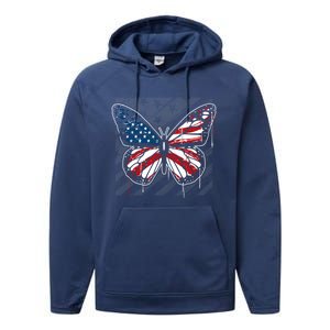 Butterfly Usa Flag Cute 4th Of July Funny American Flag Gift Performance Fleece Hoodie