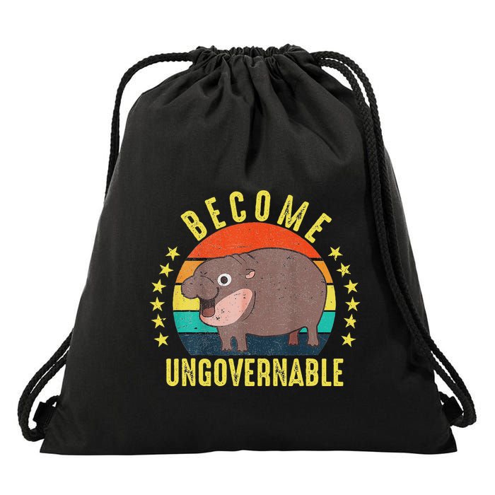 Become Ungovernable Funny Baby Hippo Moo Deng Funny Saying Drawstring Bag