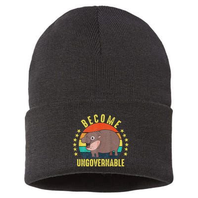 Become Ungovernable Funny Baby Hippo Moo Deng Funny Saying Sustainable Knit Beanie