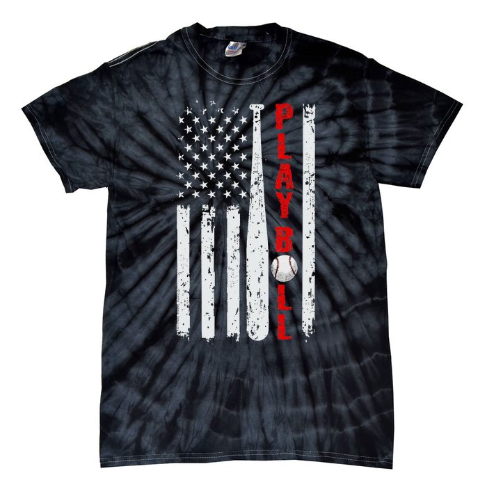 Baseball Usa Flag Ball And Bat Play Ball Softball Baseball Tie-Dye T-Shirt