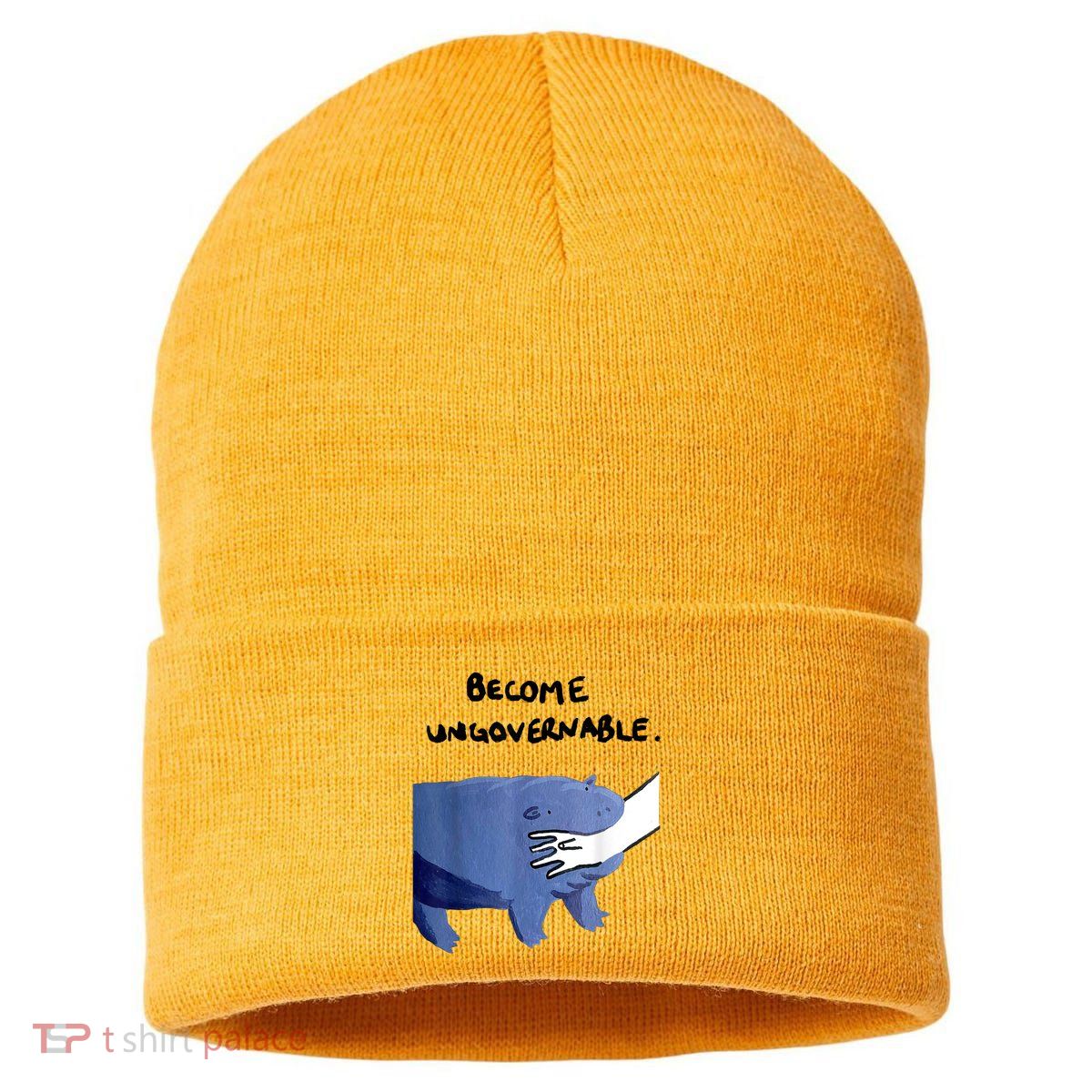 Become Ungovernable Funny Baby Hippo Moo Deng Funny Saying Sustainable Knit Beanie