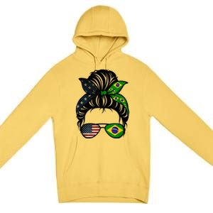 Brazil Usa Flag Brazilian American Messy Bun Wife Mom Gift Premium Pullover Hoodie