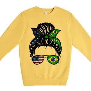 Brazil Usa Flag Brazilian American Messy Bun Wife Mom Gift Premium Crewneck Sweatshirt