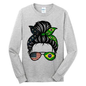 Brazil Usa Flag Brazilian American Messy Bun Wife Mom Gift Tall Long Sleeve T-Shirt