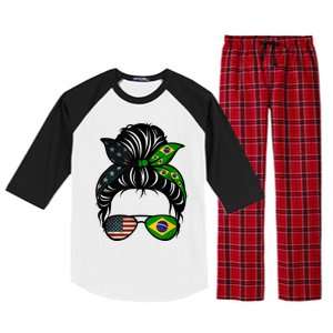 Brazil Usa Flag Brazilian American Messy Bun Wife Mom Gift Raglan Sleeve Pajama Set