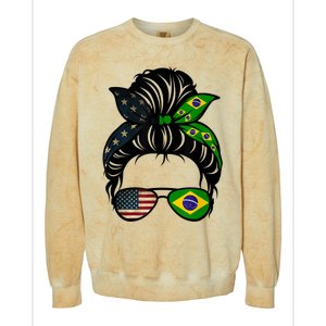 Brazil Usa Flag Brazilian American Messy Bun Wife Mom Gift Colorblast Crewneck Sweatshirt