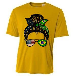 Brazil Usa Flag Brazilian American Messy Bun Wife Mom Gift Cooling Performance Crew T-Shirt