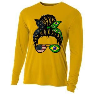 Brazil Usa Flag Brazilian American Messy Bun Wife Mom Gift Cooling Performance Long Sleeve Crew