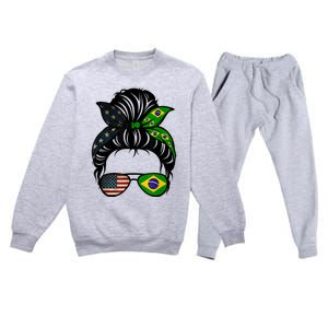 Brazil Usa Flag Brazilian American Messy Bun Wife Mom Gift Premium Crewneck Sweatsuit Set