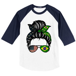 Brazil Usa Flag Brazilian American Messy Bun Wife Mom Gift Baseball Sleeve Shirt