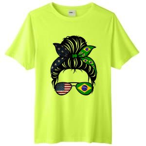 Brazil Usa Flag Brazilian American Messy Bun Wife Mom Gift Tall Fusion ChromaSoft Performance T-Shirt