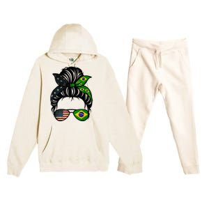 Brazil Usa Flag Brazilian American Messy Bun Wife Mom Gift Premium Hooded Sweatsuit Set