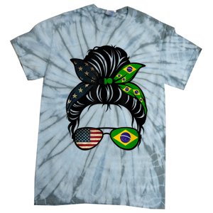 Brazil Usa Flag Brazilian American Messy Bun Wife Mom Gift Tie-Dye T-Shirt