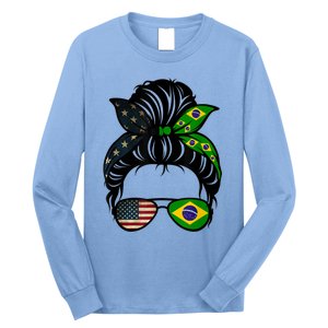 Brazil Usa Flag Brazilian American Messy Bun Wife Mom Gift Long Sleeve Shirt