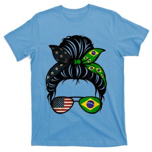 Brazil Usa Flag Brazilian American Messy Bun Wife Mom Gift T-Shirt