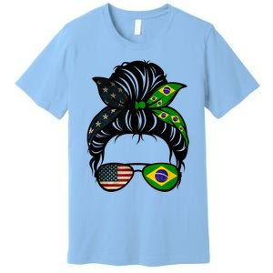 Brazil Usa Flag Brazilian American Messy Bun Wife Mom Gift Premium T-Shirt