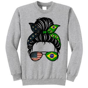 Brazil Usa Flag Brazilian American Messy Bun Wife Mom Gift Sweatshirt