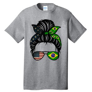 Brazil Usa Flag Brazilian American Messy Bun Wife Mom Gift Tall T-Shirt