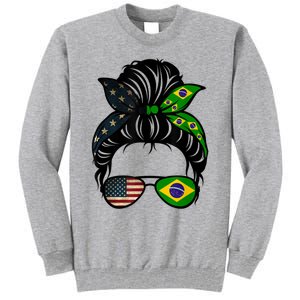 Brazil Usa Flag Brazilian American Messy Bun Wife Mom Gift Tall Sweatshirt