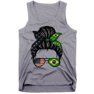 Brazil Usa Flag Brazilian American Messy Bun Wife Mom Gift Tank Top